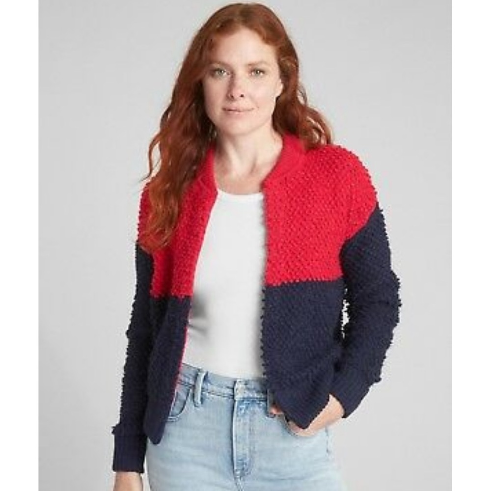 Gap Textured Colorblock Bomber Cardigan Sweater size small 20% wool